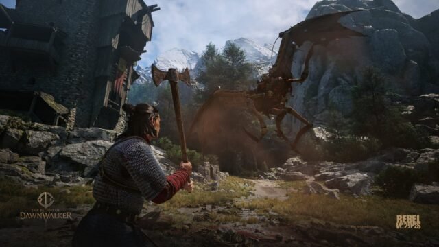 Coen kaempft mit der Axt vor alten Ruinen in The Blood of Dawnwalker