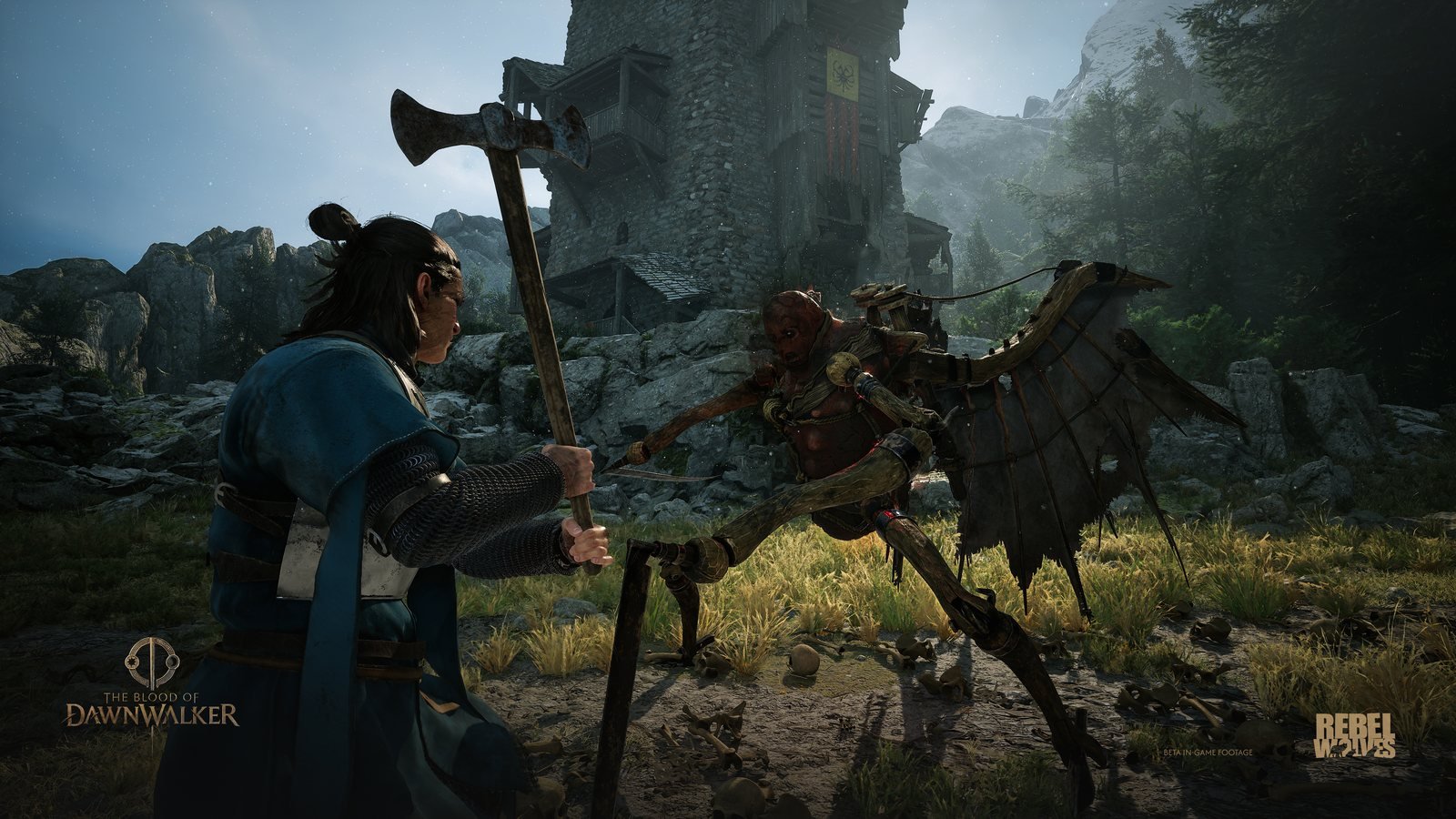 Coen kaempft bei Tageslicht mit der Axt gegen eine Kreatur in The Blood of Dawnwalker