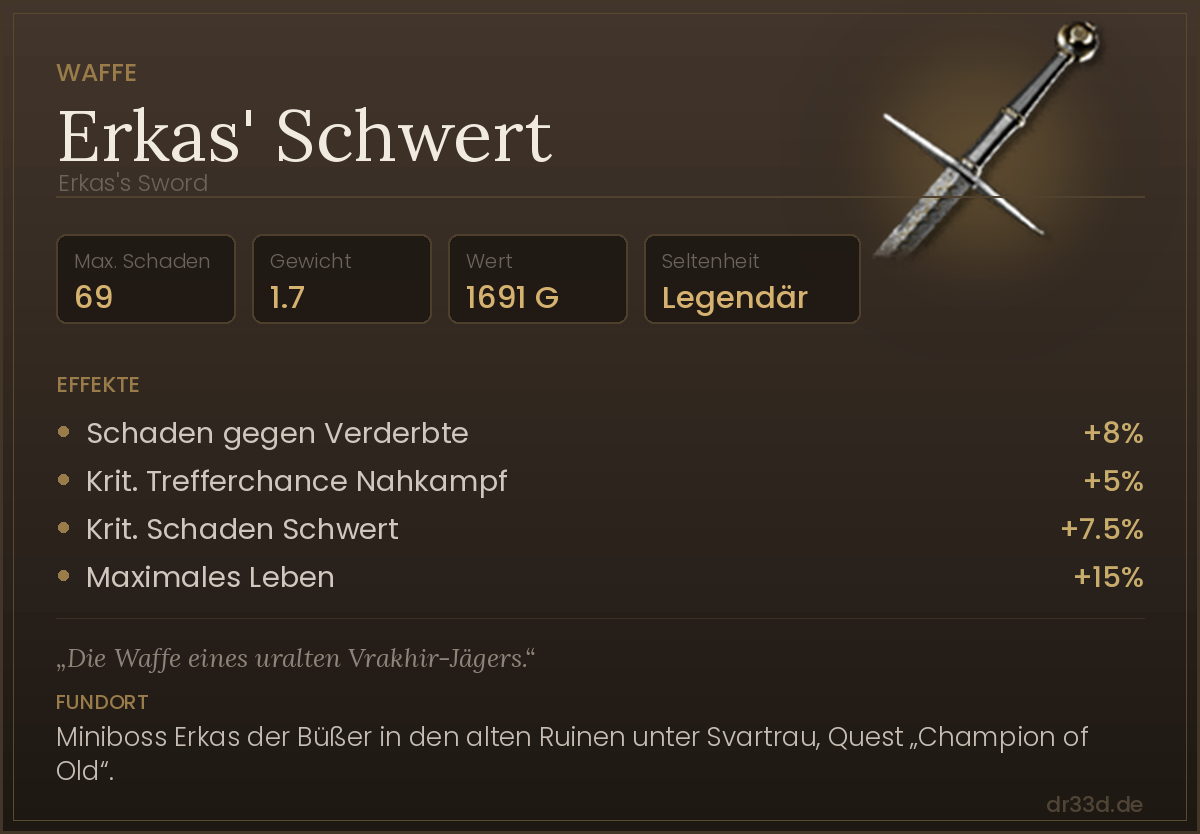 Erkas' Schwert: Werte, Effekte und Fundort in The Blood of Dawnwalker