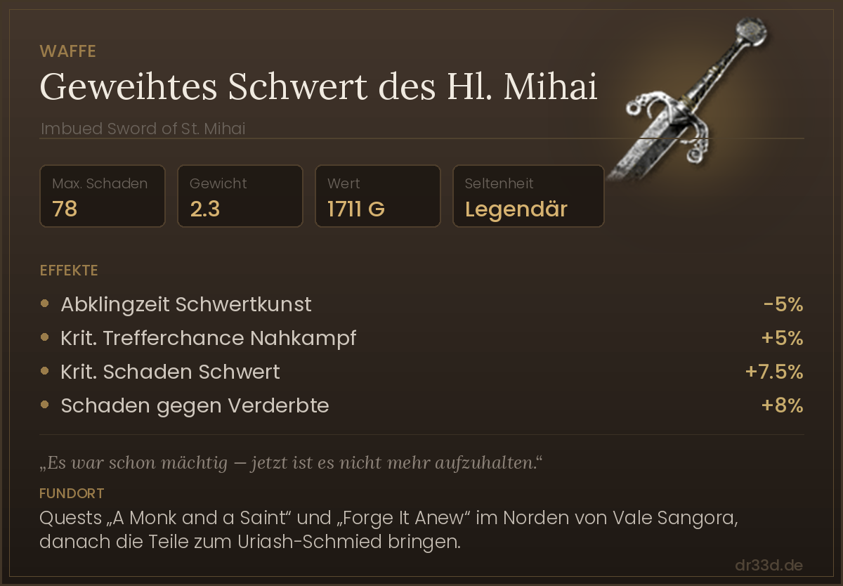Geweihtes Schwert des Heiligen Mihai: Werte, Effekte und Fundort in The Blood of Dawnwalker