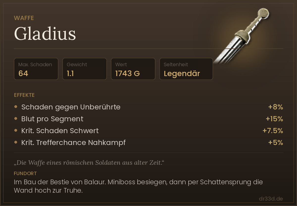 Gladius: Werte, Effekte und Fundort in The Blood of Dawnwalker