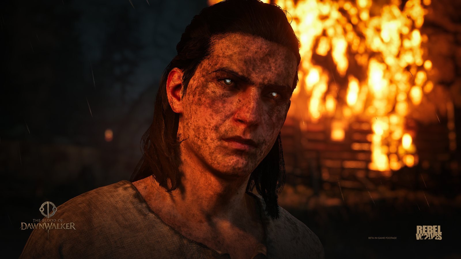 Coen in Vampirform mit geaderter Haut vor Feuerschein in The Blood of Dawnwalker