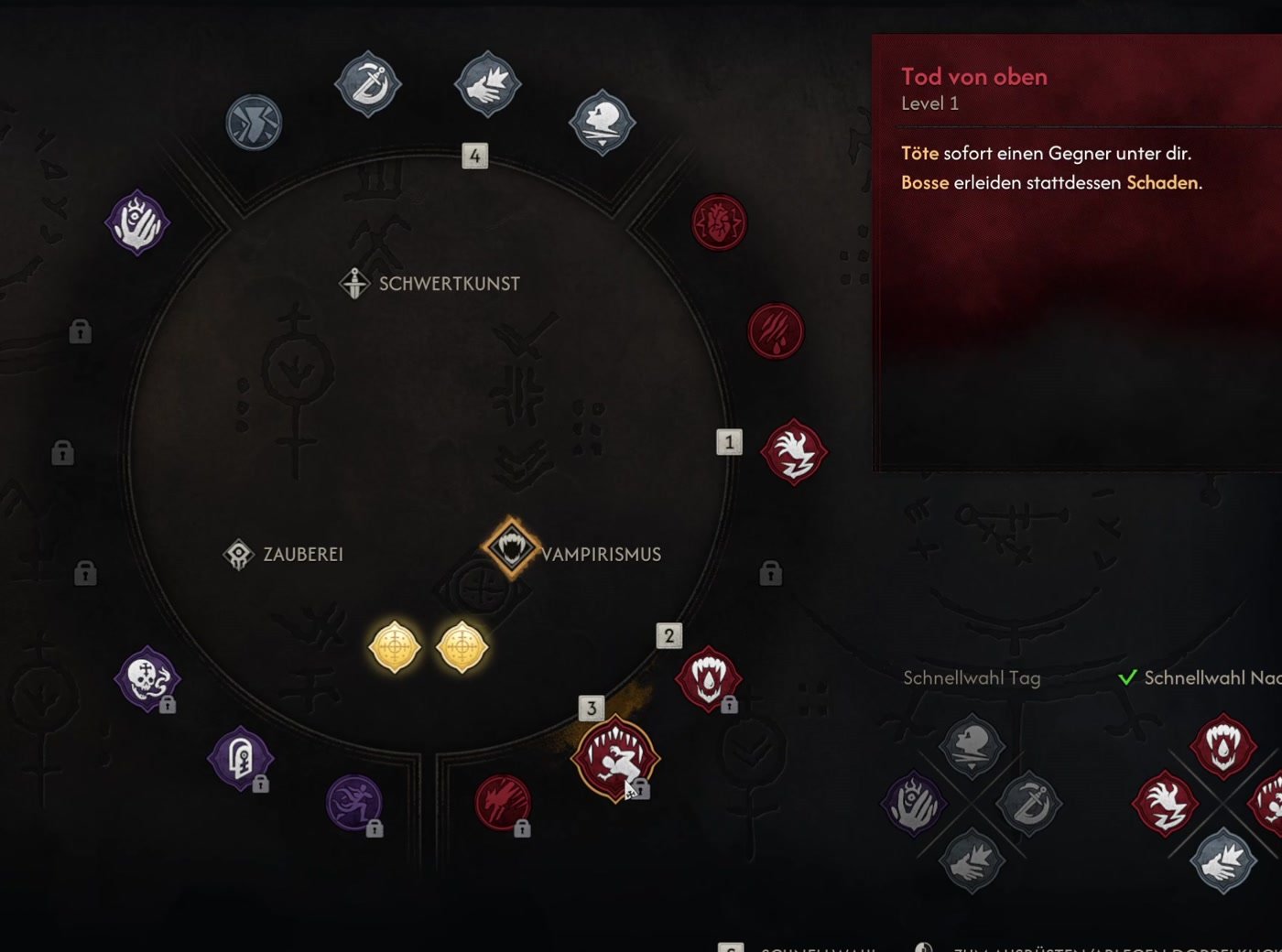 Das Fähigkeitsrad in The Blood of Dawnwalker mit getrennter Schnellwahl für Tag und Nacht