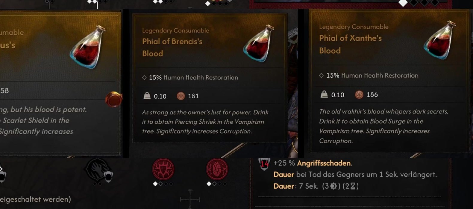 Tooltips der Phiolen von Brencis und Xanthe nebeneinander