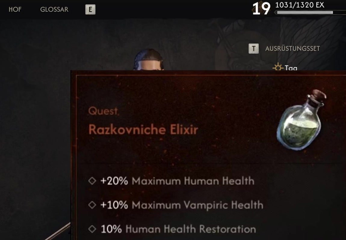 Tooltip des Razkovniche-Elixiers in The Blood of Dawnwalker mit +20 Prozent maximaler Gesundheit