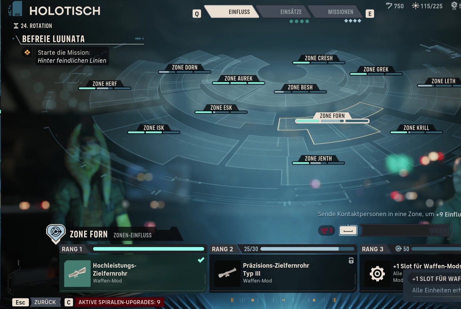 Der Holotisch in Star Wars Zero Company mit allen Zonen und ihren Rangbelohnungen